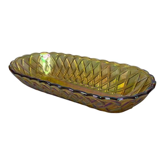 Vintage Indiana Carnival Glass Marigold Pretzel Celery Relish Dish Mid Century - Picture 2 of 7